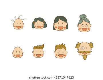 Family vector icons set in thin line style. Happy faces set. Family. Grandparents, mother, father, children. Vector.