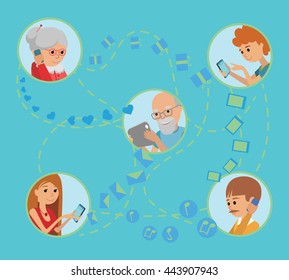 Family vector illustration flat style people faces online social media communications. Man woman parents grandparents with tablet phone. Content and humans connected via chat share like e-mail.
