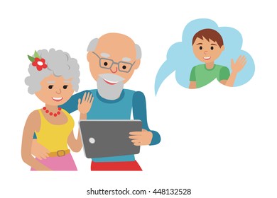 Family vector illustration flat style people faces online social media communications. Man woman parents grandparents with tablet phone. Content and humans connected via chat.