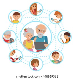 Family vector illustration flat style people faces online social media communications. Man woman parents grandparents with tablet phone. Content and humans connected via chat share like e-mail.