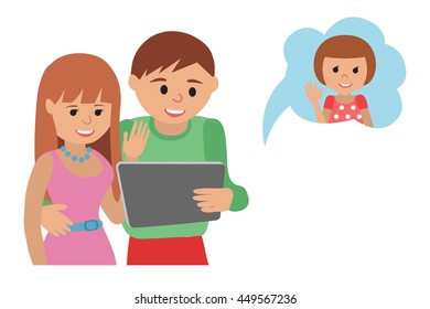 Family vector illustration flat style social media communications. Man woman couple parents make video call with tablet with daughter.