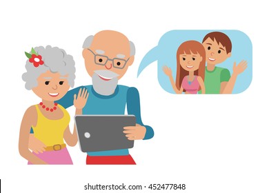 Family vector illustration flat style social media communications. Man woman senior couple grandparents make video call with tablet.