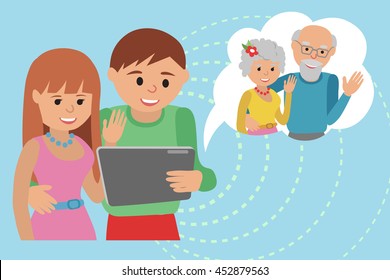 Family Vector Illustration Flat Style Social Media Communications. Man Woman Couple Parents Make Video Call With Tablet To Their Grandparents.