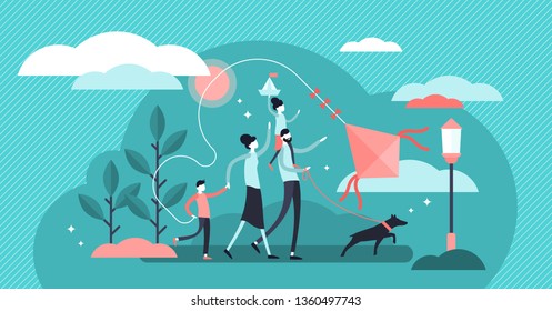 Family vector illustration. Flat tiny traditional happy household with pet. Romantic fun outdoor parents and kids walk for happy relationship. Adult couple support and quality free time for children.
