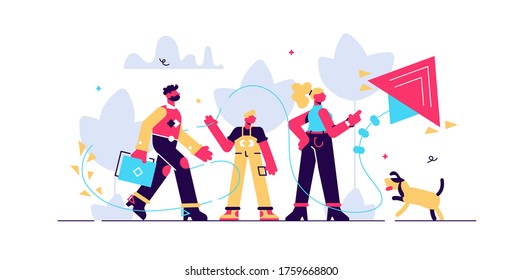 Family vector illustration. Flat tiny traditional happy household with pet. Romantic fun outdoor parents and kids walk for happy relationship. Adult couple support and quality free time for children.
