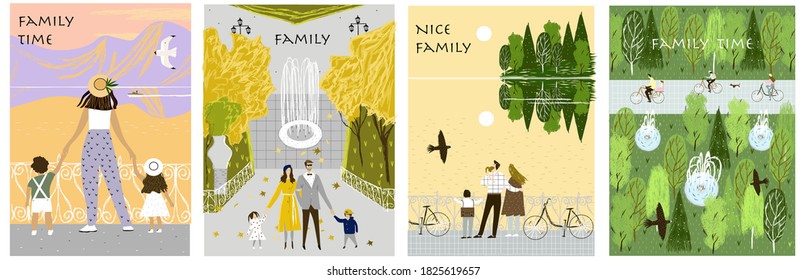 
Family. Vector illustration with a family on a walk for print, postcards, website, books, advertising.