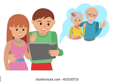 Family vector illustration parents with tablet phone.