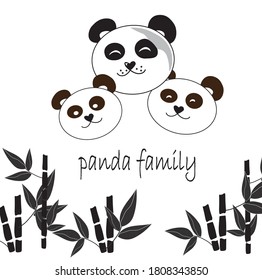 Family of vector pandas in bamboo thickets. Panda faces. Mom with babies. Bamboo leaves and inscription. Isolated on white background. For the design of children's clothing, posters and rooms.
