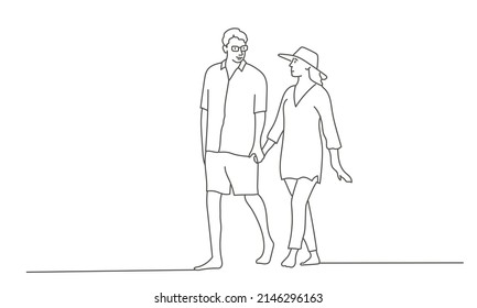 Family vector, people walking, holding each other's hands. Hand drawn vector illustration. Black and white.