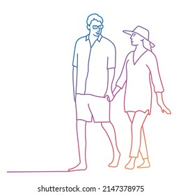 Family vector, people walking, holding each other's hands. Rainbow gradient. Sketch vector illustration.
