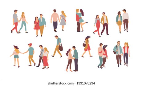Family vector, people walking in pairs, holding hands of each other. Happy romantic couples, hugs and embraces, lonely woman and lone man with sad faces