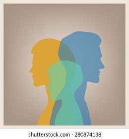 Family vector portrait: mother, father, son. Relationships, adults, children.  Greeting card, concept illustration, logo, user icon, packaging design, vector character design.