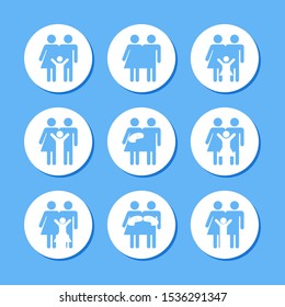 Family vector set of icons in circles, husband and wife with children, daughter and son together