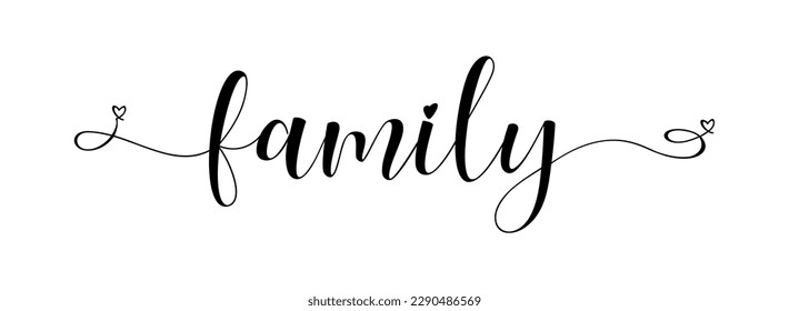 Familie. Vektor-Typografie-Text. Inschrift für Home Design, Türmatte, Karte, Poster, Banner, T-Shirt. Handgezeichneter moderner Kalligrafietext - Familie. Design-Illustration für Skripte mit Herz.