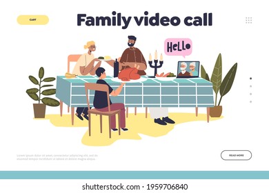 Family Video Call Concept Of Landing Page With Parents And Kid Calling To Grapdparents From Traditional Thanksgiving Dinner Via Virtual Video Chat. Cartoon Flat Vector Illustration