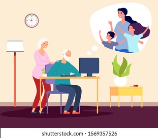 Family video call. Online communication with grandparents. Happy family vector illustration. Grandmother, grandfather, daughter