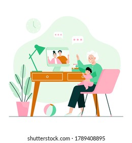 Family video call scene. Granny with her grandson calling to parents on vacations. Flat vector illustration.