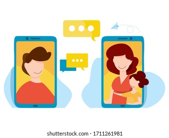 Family video chat. Conference call. Remote communication between daughter and parents. Online chat. Quarantine internet communication. Distance conversation vector illustration.
