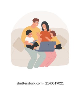 Family Video Chat Isolated Cartoon Vector Illustration. Family Members Sitting On Sofa In Front Of Tablet, Having Video Chat With Relatives, Waving Hands, Online Communication Vector Cartoon.