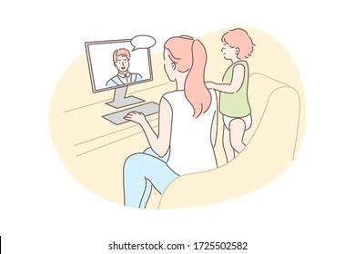 Family, video conference, communication concept. Cartoon character young woman mother with child kid baby daughter communicate chatting talking with man father online. Remote conversation illustration