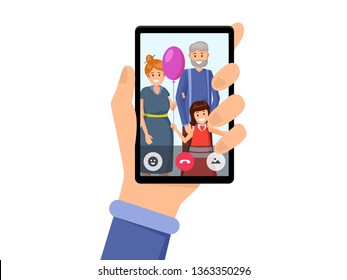 Family video conversation flat vector illustration. Hand holding smartphone with girl and senior grandparents on screen. Online communication application, internet call, cheerful kid with adults
