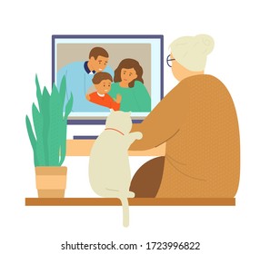 Family videochat. Grandmother talks to her daughter's family by videocall. Online communication. Flat vector illustration.