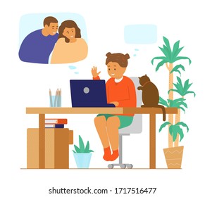 Family videoconference. Online communication. Girl chatting with parents by video call. Flat vector illustration.