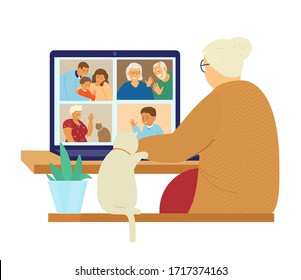Family videoconference. Online communication. Old lady in front of computer screen with family members on it. Grandparents, grandchildren, parents. Flat vector illustration.