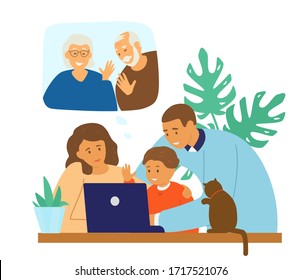 Family videoconference. Online communication. Parents with child chatting with granparents by video call. Flat vector illustration.