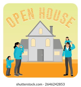 A family viewing a house during an open house tour. Symbolizing warmth, homeownership, and family moments. Real estate listing services concept.