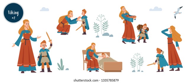 Family Viking.  Young Wife and little son. Design concept with flat human character of various emotions in different situations with cartoon pictograms vector isolated illustration