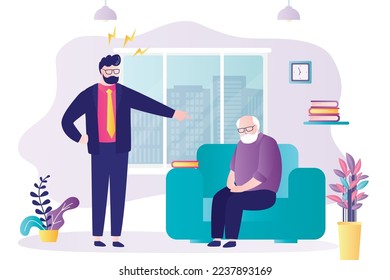 Family violence and bad relations between relatives. Bullying, lay blame, abuse, concept banner. Adult son yells at elderly man. Male character scream at grandfather. Flat vector illustration svg