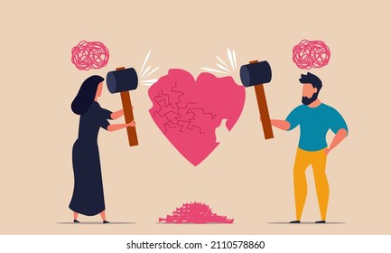 Family violence and breakup couple love people. Divorce with quarrel and anger conflict vector illustration concept. Woman and man damage heart and domestic abuse. Problem married and loss disagree