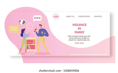 Family Violence Prevention, Support and Recovery. Spouse Assault. Drunk Husband Raising Hell at Midnight. Wife, Begging Him to Stop. Flat Vector Staring Page Design Template for Website.