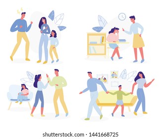 Family Violence Set Isolated on White Background. Different Conflicts Aggressions Quarrels and Disagreements Situations with Aggressive Inadequate Parents and Kids. Cartoon Flat Vector Illustration