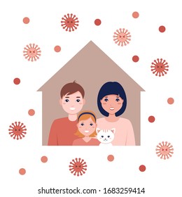 Familia en una casa protegida por virus, quédense en casa. Concepto de autoaislamiento como precaución contra la enfermedad covid-19 del coronovirus, ilustración vectorial de stock para la web y la impresión. 