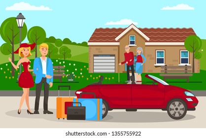 Family Visit Flat Vector Illustration. Young Woman with Man Came to Elderly Parents on Weekends Cartoon Characters. Granddaughter with Husband Waving to Grandmother and Grandfather. Going on Vacation