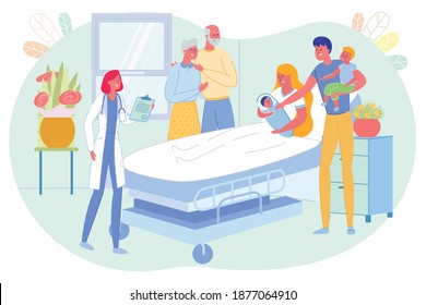 Family Visit Mother after Childbirth in Hospital. There Lot People in Hospital Room. Man with Older Son in Arms Rejoice at Second Child Appearance. Grandparents Standing by Bed and Look Newborn Baby.