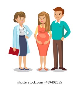 Family visiting doctor in clinic, expectant parents, pregnant woman with her husband. People couples, vector illustration