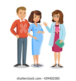 Family visiting doctor in clinic, expectant parents, pregnant woman with her husband. People couples, vector illustration