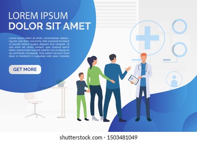 Family visiting doctor webpage. Hospital, children, healthcare. Family doctor concept. Vector illustration for website, landing page, online store