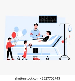 Family visiting a female patient in a hospital bed in flat vector illustration symbolizing family support, recovery, and hospital care, isolated on white background.