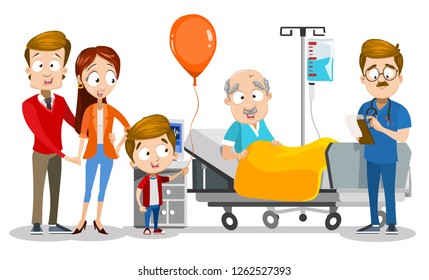 Family visiting granddad at hospital room vector illustration. Cartoon wife and husband with son at clinic. Little boy presenting orange balloon to grandfather. Doctor near patient bed writing recipe