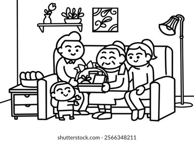 Family visiting grandmother coloring pages style.