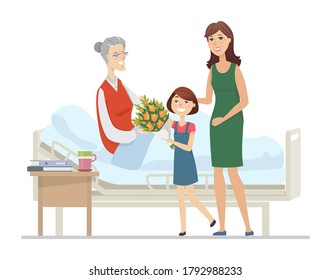 Family visiting grandmother at hospital - flat design style illustration with cartoon characters. Senior woman in a bed taking flowers from daughter and granddaughter. Healthcare, elderly nursing idea