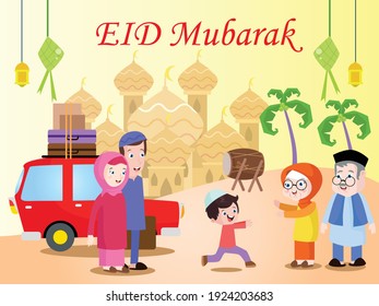 Family visiting grandparents to celebrate Eid al-fitr cartoon vector concept for banner, website, illustration, landing page, flyer, etc.