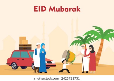 Family visiting grandparents to celebrate Eid al-fitr flat 2d vector illustration