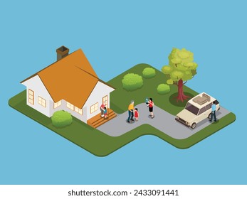 Family visiting grandparents during vacation 3d isometric vector illustration