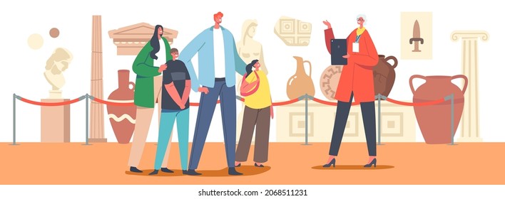 Family Visiting Museum of Ancient History Watching Old Vases, Crockery with Guide Tell Lecture with Tablet in Hands. Parents and Kids Education, Tourism, Hobby Activity. Cartoon Vector Illustration