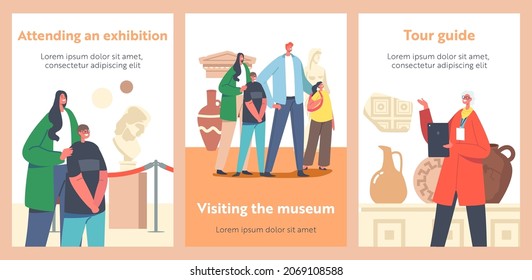 Family Visiting Museum of Ancient History Cartoon Posters. People Watching Old Vases, Crockery with Guide Tell Lecture. Parents and Kids Education, Tourism, Hobby Activity. Vector Illustration